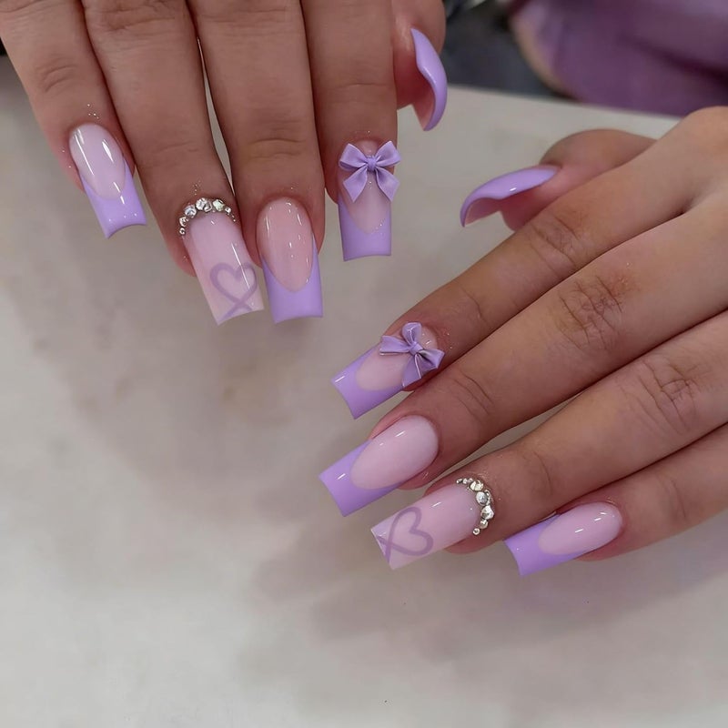 CTTHNBD Medium Press on Nails Coffin - Purple French Tip Fake Nails with Bow Charms Design - Heart False Nails Press ons - for Women 24 Pcs - Image 1